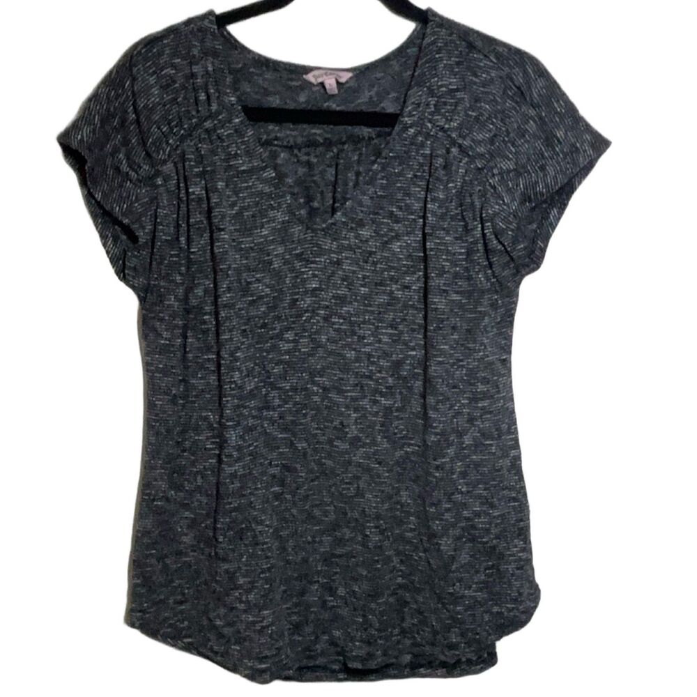 Juicy Couture Women's L Black V-Neck Short Sleeve Pleated Knit T-Shirt Stretch